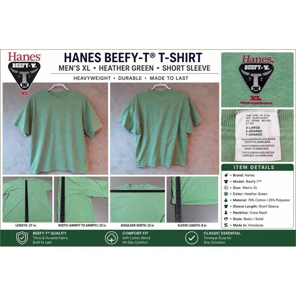 Hanes Beefy-T Mens XL Green Heather Short Sleeve Cotton Blend Crewneck T-Shirt
